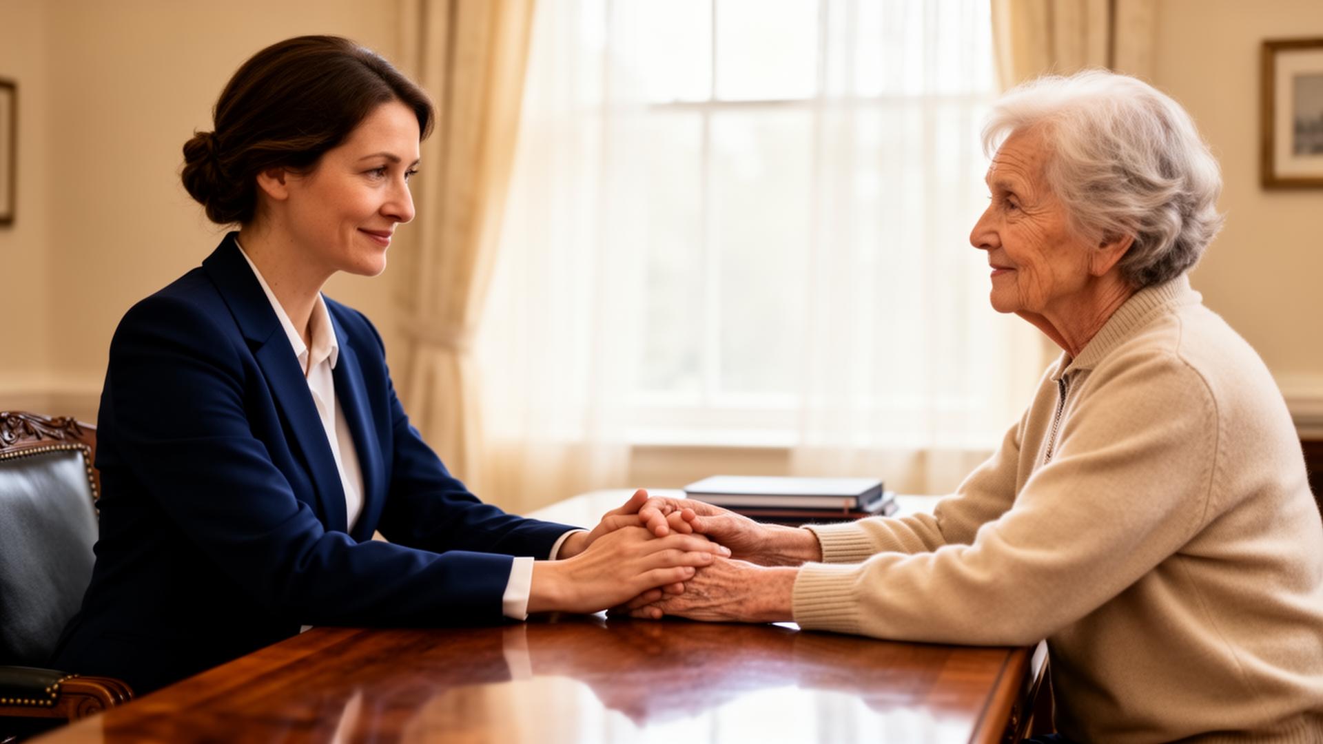 A solicitor in conversation with an elderly client across a wooden desk